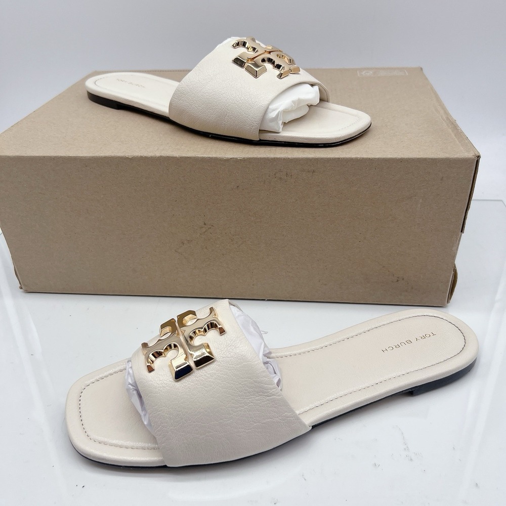 Tory Burch Eleanor Women's Slide Sandals Flats Light Cream Leather Size US 10